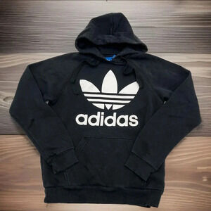 Adidas Tre-Foil Hoodie Men’s M Black Sweatshirt Spell Out Big Logo Pullover READ